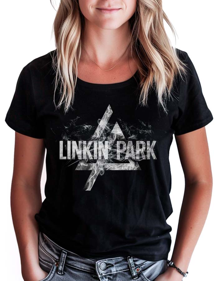 Czarna koszulka damska LINKIN PARK z nadrukiem "Smoke logo" i białym motywem zespołu, prezentowana na modelce.
