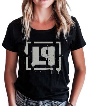 Czarna koszulka muzyczna LINKIN PARK z dużym, białym, abstrakcyjnym nadrukiem "Spray logo" na środku.