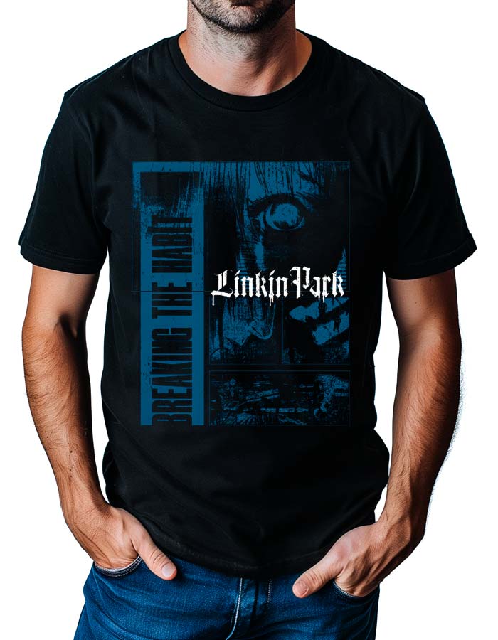 Czarna koszulka muzyczna LINKIN PARK "Breaking the habit" z ciemnym nadrukiem, logo zespołu i tekstem na froncie.