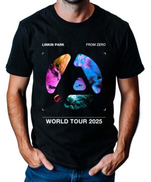 Czarna koszulka LINKIN PARK From Zero World Tour 2025 z przodu z wielokolorowym, abstrakcyjnym logo.