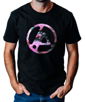 Czarna koszulka muzyczna LINKIN PARK "From Zero World Tour", z dużym różowo-białym okrągłym nadrukiem na klatce piersiowej.