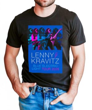 Czarna koszulka LENNY KRAVITZ "Blue Electric Light Tour 2025" z kolorowym koncertowym nadrukiem na przodzie.