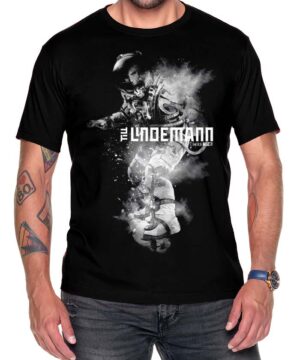Czarna koszulka muzyczna LINDEMANN "Augen ohne Licht" z nadrukiem astronauty w odcieniach szarości i napisem "Ich Hasse Kinder".