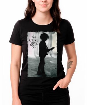 Czarna damska koszulka THE CURE z napisem "Boys Don't Cry 86", sylwetką gitarzysty i nadrukiem "The Cure Boys Don't Cry".