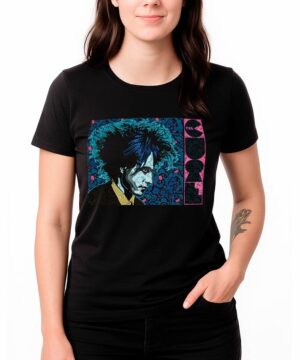 Czarna koszulka damska The Cure x Sperry z kolorowym nadrukiem postaci o nastroszonych włosach i abstrakcyjnym tłem.