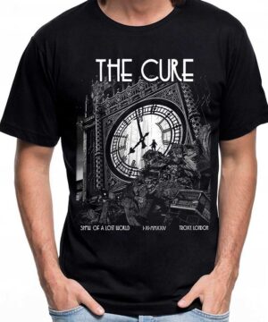 Czarna koszulka The Cure Big Ben z nadrukiem zegara, gruzem, postacią oraz napisami Show of a Lost World i Troxy London.