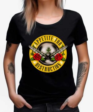 Czarna damska koszulka Guns N' Roses z logo, dwoma czerwonymi różami i skrzyżowanymi pistoletami, model "Appetite for Destruction Knives".