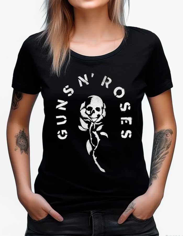 Czarna koszulka damska Guns N' Roses "Skull rose" z białym logo przedstawiającym czaszkę oraz różę.
