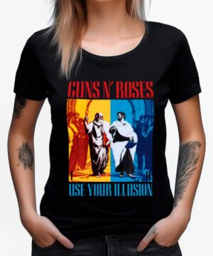 Czarna koszulka Guns N' Roses "Use Your Illusion" z kolorowymi blokami czerwieni, niebieskiego i żółtego oraz okładką albumu vintage.