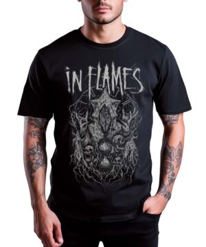 Czarna koszulka muzyczna IN FLAMES "Buried time" z graficznym nadrukiem skręconych postaci i czaszek, unisex.