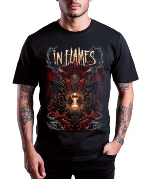 Czarna koszulka muzyczna IN FLAMES "Ghost in my head" z kolorowym nadrukiem płomieni, abstrakcji i klepsydrą.