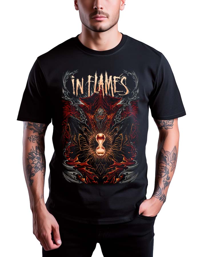 Czarna koszulka muzyczna IN FLAMES "Ghost in my head" z kolorowym nadrukiem płomieni, abstrakcji i klepsydrą.