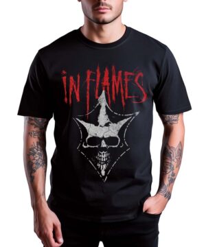 Czarna koszulka koncertowa IN FLAMES "Hell to Pay" z nadrukiem czaszki i czerwonym logo zespołu na przodzie.