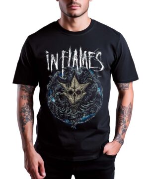 Czarna koszulka muzyczna IN FLAMES "Jesterhead raven" z nadrukiem gwiazdy i ciemnych, wirujących elementów.