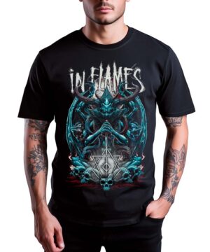 Czarna koszulka IN FLAMES "Kali" z niebiesko-szarym demonicznym motywem i geometrycznym symbolem na przodzie.