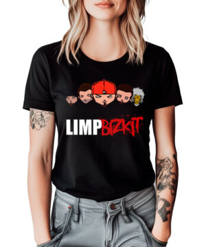 Czarna koszulka LIMP BIZKIT Cartoon z nadrukiem twarzy członków zespołu i białym oraz czerwonym logo Limp Bizkit.