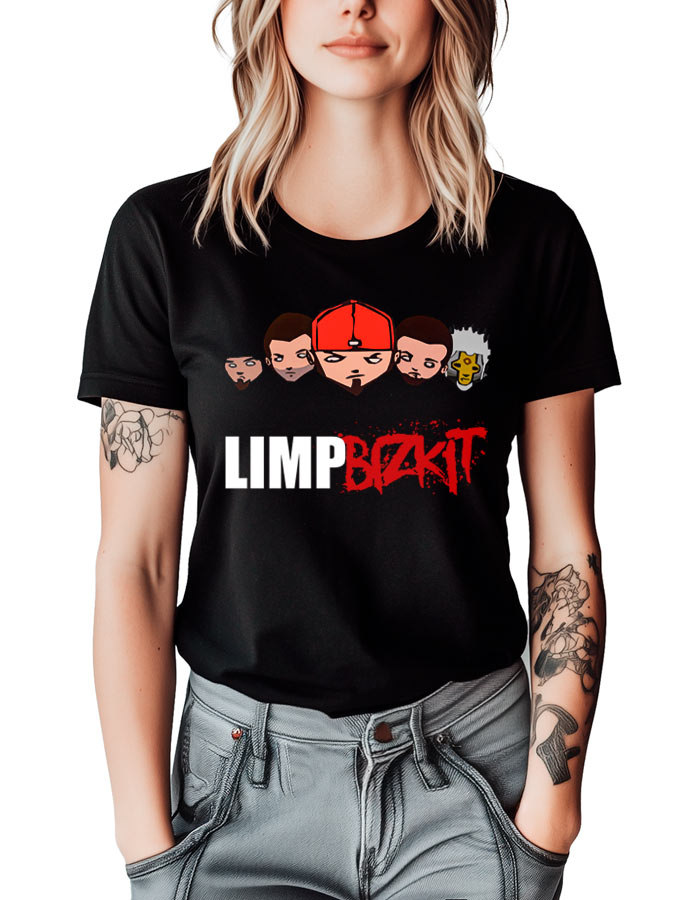 Czarna koszulka LIMP BIZKIT Cartoon z nadrukiem twarzy członków zespołu i białym oraz czerwonym logo Limp Bizkit.