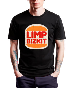 Czarna koszulka muzyczna LIMP BIZKIT "Burger" z czerwono-pomarańczowym logo przypominającym burgera.