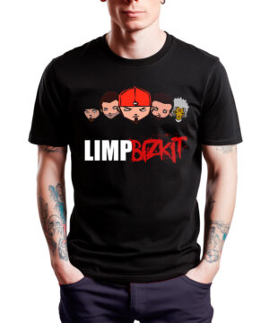 Czarna koszulka LIMP BIZKIT "Cartoon" z nadrukiem kreskówek członków zespołu i nazwą zespołu w białym i czerwonym kolorze.