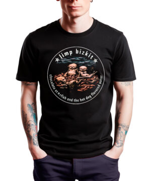 Czarna koszulka muzyczna Limp Bizkit Chocolate Starfish z hot dogami i napisem, wzór inspirowany Hot Dog Flavored Water.