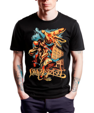 Czarna koszulka muzyczna LIMP BIZKIT "Essential" z kolorowym wzorem street art, prezentowana na białym tle.