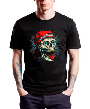 Czarna koszulka muzyczna LIMP BIZKIT z nadrukiem czaszki w czerwonej oprawie i wystawionym językiem na przodzie.