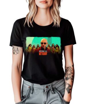 Czarna koszulka muzyczna PITBULL "Get ready" z nadrukiem Mr. Worldwide w okularach i kilkoma kobietami na froncie.