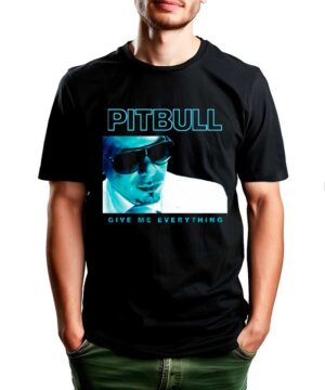 Czarna koszulka muzyczna PITBULL z niebieskim nadrukiem mężczyzny w okularach i napisami "PITBULL", "GIVE ME EVERYTHING".