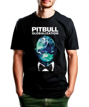 Czarna koszulka PITBULL Globalizacja z nadrukiem osoby z głową Ziemi i muchą, inspirowana stylem Mr.