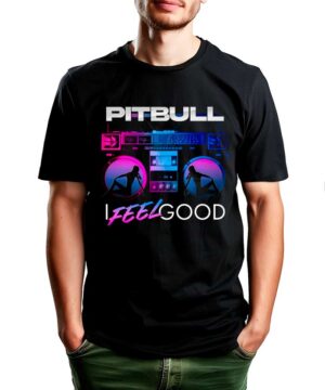 Czarna koszulka PITBULL "I feel good" z neonowym boomboxem i tańczącymi sylwetkami, idealna na koncerty i dla fanów muzyki.