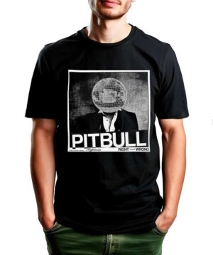 Czarna koszulka muzyczna PITBULL "Right or Wrong" z grafiką postaci w garniturze z dyskotekową głową i napisem "PITBULL".