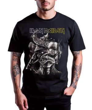 Czarna koszulka IRON MAIDEN "Future Past Tour 2023" z grafiką maskotki Eddiego w wersji cyborga, męska koszulka bawełniana.
