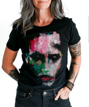 Czarna koszulka MARILYN MANSON "We are chaos" z kolorową abstrakcyjną grafiką twarzy na przodzie, styl muzyczny.