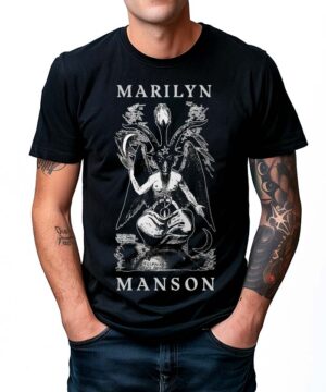 Czarna koszulka muzyczna MARILYN MANSON "Baphomet" z białym nadrukiem Baphometa i stylizowanym napisem na przodzie.
