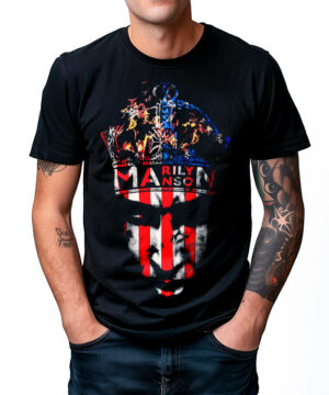 Czarna koszulka muzyczna MARILYN MANSON "Crown" z czerwono-biało-niebieską grafiką i nazwą artysty na przodzie.
