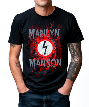 Czarna koszulka MARILYN MANSON "Lightning" z czerwonymi grafikami i białym okręgiem z czarną błyskawicą.