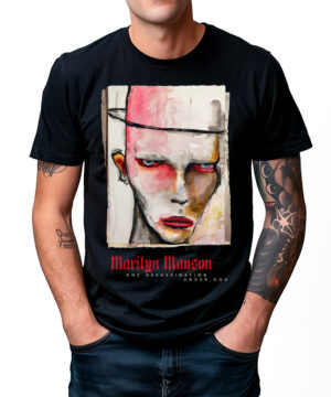 Czarna koszulka MARILYN MANSON "One assassination under God" z czerwonymi akcentami i abstrakcyjną grafiką twarzy.