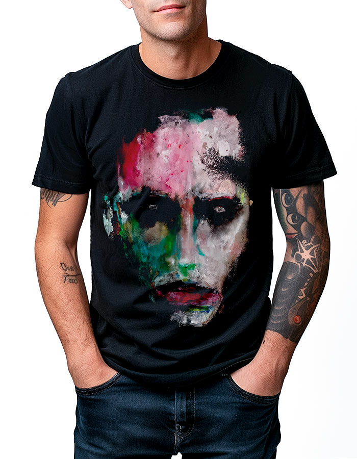 Czarna koszulka muzyczna MARILYN MANSON "We are chaos" z kolorową, abstrakcyjną grafiką twarzy, męska.