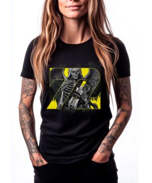 Czarna koszulka METALLICA "Blackened whiskey 72 seasons" z nadrukiem szkieletu ze skrzydłami na żółtym tle, damska.