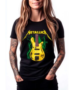 Czarna koszulka METALLICA "Robert Trujillo M72 bass" z żółtą grafiką gitary elektrycznej na przodzie, męska.