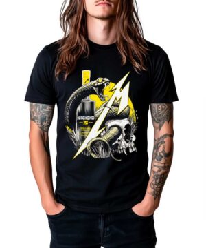Czarna koszulka muzyczna METALLICA "Blackened Snake" z nadrukiem węża, czaszki, butelki i żółtej błyskawicy.