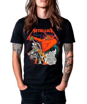 Czarna koszulka muzyczna METALLICA "M72 Full speed" z czerwonym potworem i motocyklem, model unisex dla fanów zespołu.