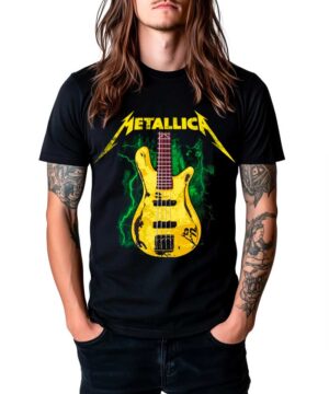 Czarna koszulka METALLICA "Robert Trujillo M72 bass" z żółtą grafiką gitary elektrycznej na przodzie, muzyczna męska.