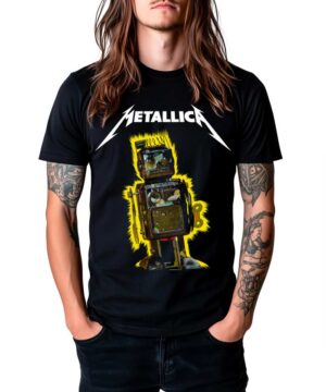 Czarna koszulka METALLICA "Robot blast" z żółtym konturem robota, model unisex, idealna dla fanów zespołu.