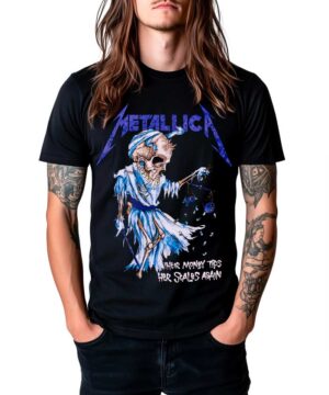 Czarna koszulka METALLICA z nadrukiem szkieletu w niebieskiej szacie i napisem "Their Money Tips The Scales Again".
