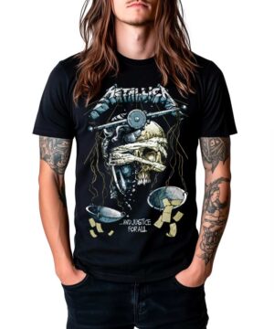 Czarna koszulka muzyczna METALLICA "LP Justice" z grafiką czaszki i napisem ...And Justice For All, model unisex.