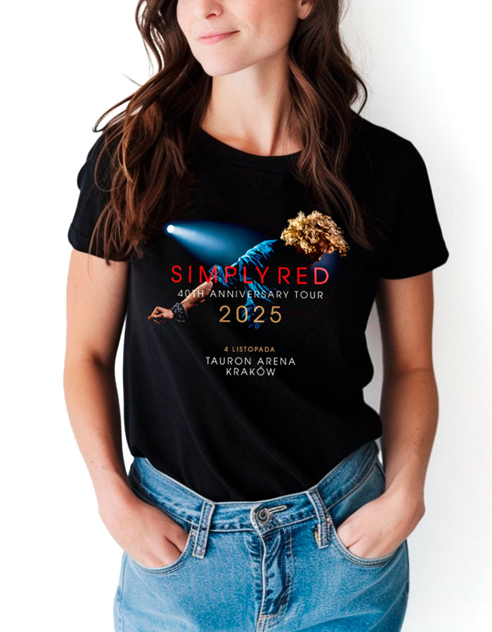 Czarna koszulka damska SIMPLY RED z nadrukiem "Tauron Arena Kraków 2025" i szczegółami wydarzenia z przodu.