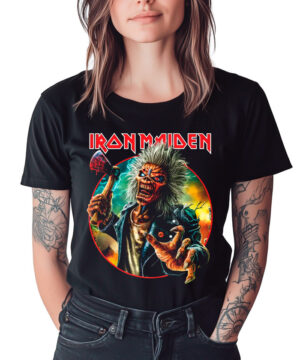 Czarna koszulka muzyczna IRON MAIDEN "Run for your lives circle" z kolorowym nadrukiem Eddie i logo zespołu, damska.