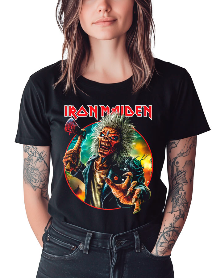 Czarna koszulka muzyczna IRON MAIDEN "Run for your lives circle" z kolorowym nadrukiem Eddie i logo zespołu, damska.