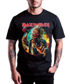 Czarna koszulka muzyczna IRON MAIDEN "Run for your lives circle" z grafiką maskotki Eddiego z toporem.